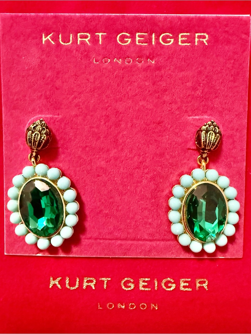 Kurt Geiger Green Oval Drop Earrings with Gold-Tone Accents - Picture 2 of 4